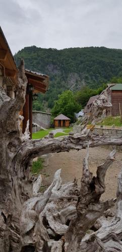 a dead tree branch sitting next to a house at Thethi Paradise Hotel & Restaurant in Theth
