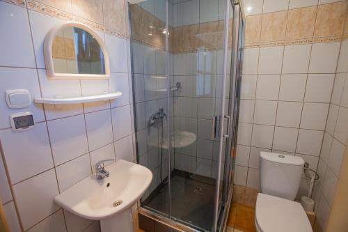 a bathroom with a shower and a toilet and a sink at Irenka in Władysławowo