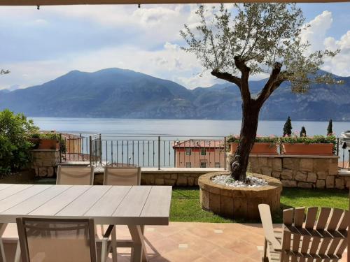 een tafel en stoelen voor een boom bij Appartamento DELUXE 2 con vasca idromassaggio vista Lago di Garda, riscaldata, privata e utilizzabile tutto l'anno in Brenzone sul Garda