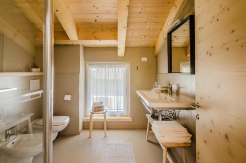 a bathroom with a sink and a toilet and a window at Orizzonti d'Anaunia in Tassullo