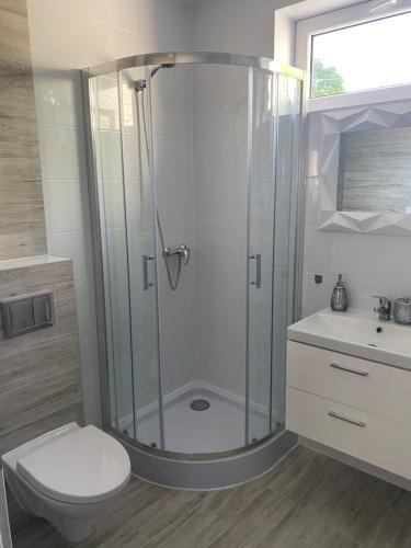 a bathroom with a shower with a toilet and a sink at Apartamenty ToTuGdynia 5 in Gdynia