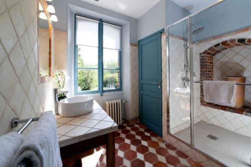 ein Bad mit einem Waschbecken und einer Glasdusche in der Unterkunft La Ferme de Bouchemont in Saint-Symphorien
