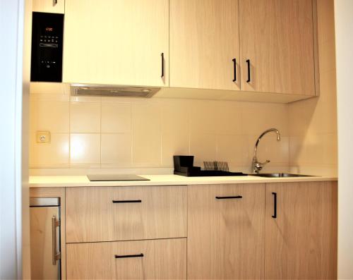 a kitchen with wooden cabinets and a sink at Hotel Dos Rios Central in Aínsa
