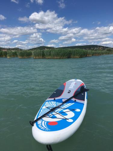 a paddle boat sitting on top of a body of water at Modern Apartman Deluxe in Alsóörs