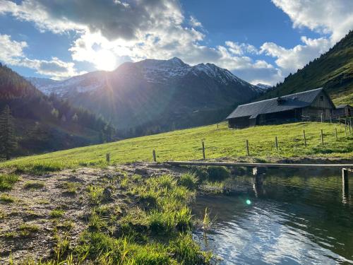 a barn in a field next to a river at Gasthof zum Mohrn in Oberwölz Stadt
