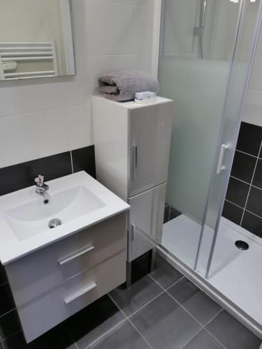 une salle de bain blanche avec un lavabo et une douche dans l'établissement 2 pièces - Croisette et Plages à 10 mn à pieds, à Cannes