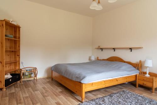 a bedroom with a bed and a book shelf at Apartmán Fraise in Děčín