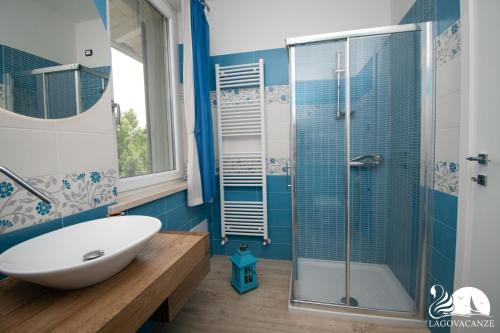 a bathroom with a sink and a glass shower at Villa Bocciolo del Garda in Manerba del Garda