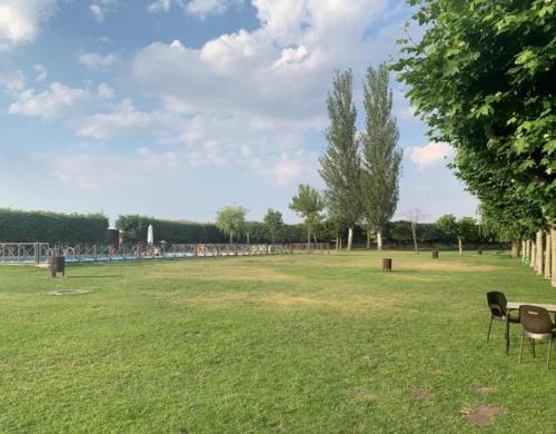 a field with chairs and trees in a park at Casa Rural la Ribera in Cabezuela