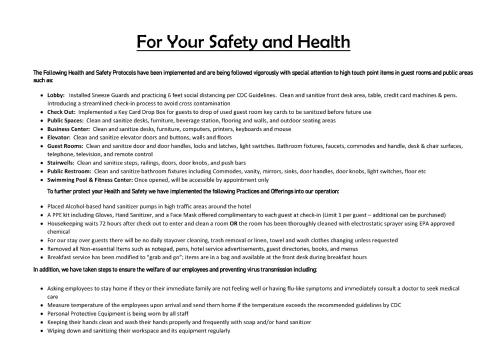 a page of a document with the words for your safety and health at Motel 6 Morgantown in Morgantown