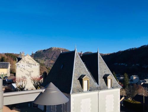 a roof of a house with a mountain in the background at Charmant studio Mont Dore in Le Mont-Dore