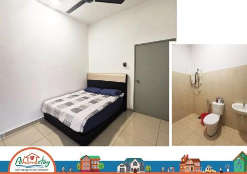 2 fotos de un dormitorio con cama y baño en PD Homestay Famille (near beach) en Port Dickson