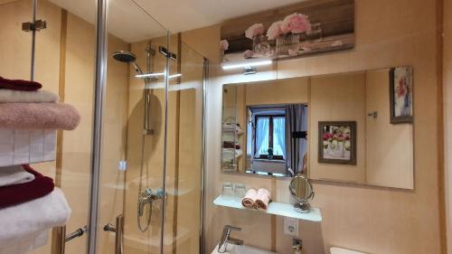 bagno con doccia e specchio di Gästezimmer Vogtareuth Rinser a Vogtareuth