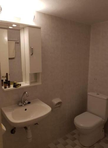a bathroom with a white toilet and a sink at Arginonta Beach Apartments in Kalymnos