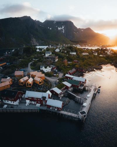 an aerial view of a small island in the water at Hattvika Lodge in Ballstad