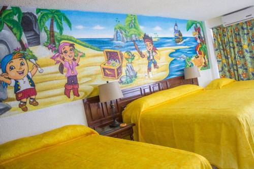 a bedroom with two beds and a painting on the wall at Sands Acapulco Hotel & Bungalows in Acapulco