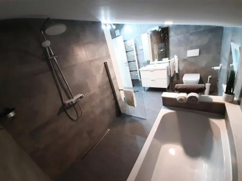 łazienka z umywalką, toaletą i lustrem w obiekcie Guesthouse Villa Brestova w mieście Plomin
