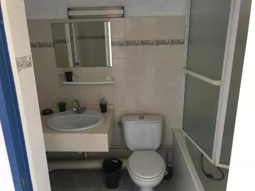 a bathroom with a toilet and a sink and a mirror at Vieux-boucau entre lac et océan in Vieux-Boucau-les-Bains