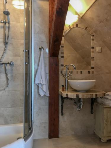 a bathroom with a sink and a shower at Willa A.D.1894 in Łeba