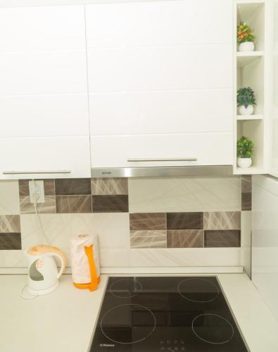 a kitchen with white cabinets and a stove top oven at Apartment Milena in Virpazar