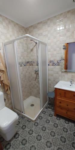 サンルーカル・デ・バラメダにあるCasas Turísticas Bajamarのバスルーム(シャワー、トイレ、シンク付)