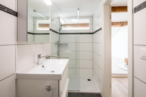 un bagno bianco con lavandino e doccia di Duplex Allegro a La Neuveville