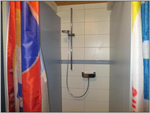 La salle de bains est pourvue d'une douche avec un drapeau arc-en-ciel. dans l'établissement DDR Villa Sachsenruh direkt am Strand, à Dranske