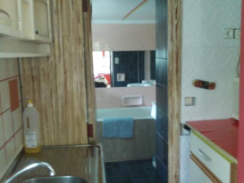 a kitchen with a sink and a tub in a bathroom at Charleroi Marcinelle verdure et parking gratuit in Charleroi