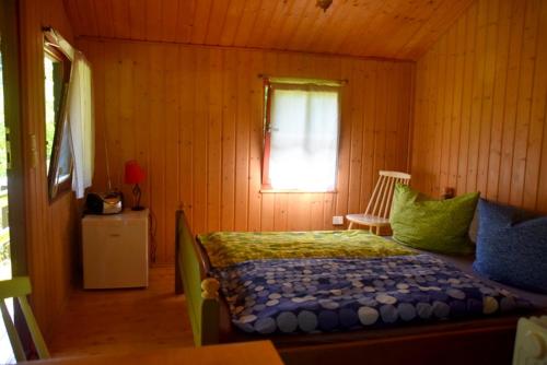 ein Schlafzimmer mit einem Bett in einem Zimmer mit einem Fenster in der Unterkunft Sommerhaus Bella Vita in Bad Schandau