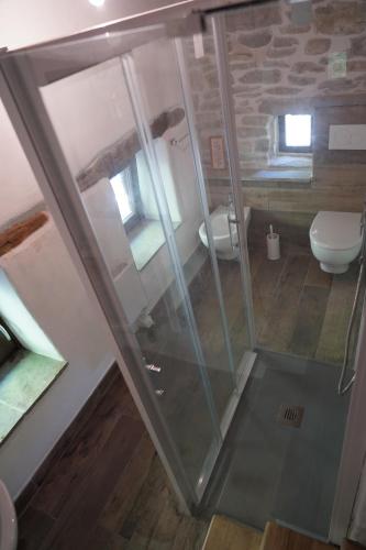 een badkamer met een douche en een toilet bij Casina del Ponte in Bagno di Romagna