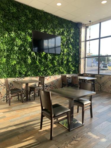 a restaurant with a green wall with tables and chairs at Hotel Riojano in Humanes de Madrid