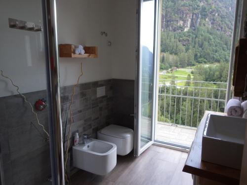 a bathroom with a toilet and a sink and a window at AltaValle Holiday Home, monolocale Pink e bilocale Lime in Chiesa in Valmalenco