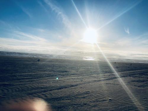 a beach with the sun shining on the sand at Pacific Dunes Resort in Copalis Beach