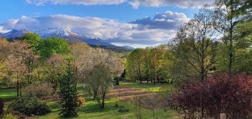 a view of a park with a mountain in the background at Tirindrish House B&B in Spean Bridge