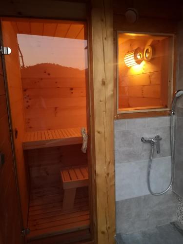 a bathroom with a sauna with a shower at Vintgar studio in Bled