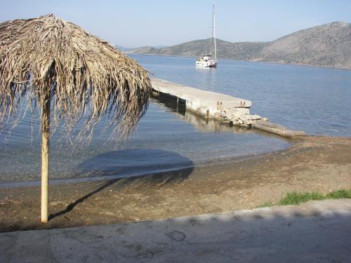 a straw umbrella on the shore of a body of water at Blue Dreams in Almiropótamos