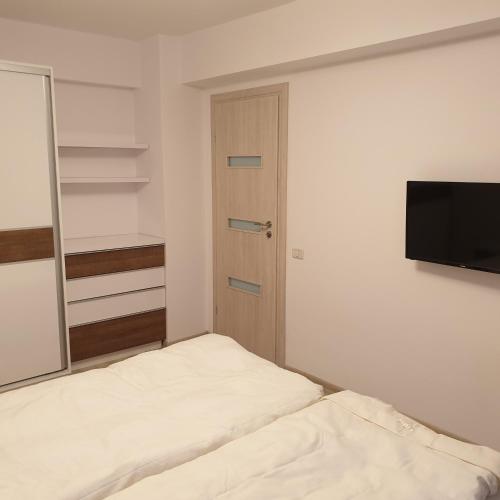 Habitación con 2 camas, espejo y TV. en Carolina Sweet Apartament, en Oradea