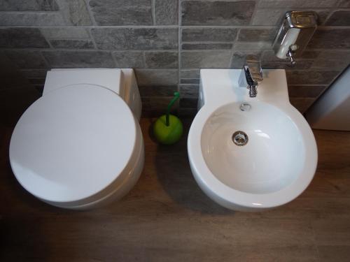 a bathroom with a toilet and a bidet and a sink at AltaValle Holiday Home, monolocale Pink e bilocale Lime in Chiesa in Valmalenco