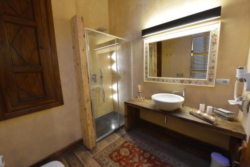 a bathroom with a sink and a shower with a mirror at Le Reve Charmant in Aosta