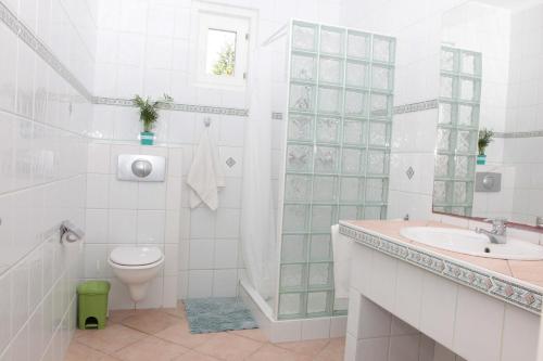 a white bathroom with a toilet and a sink at Nagymajor Birding Lodge in Tiszacsege