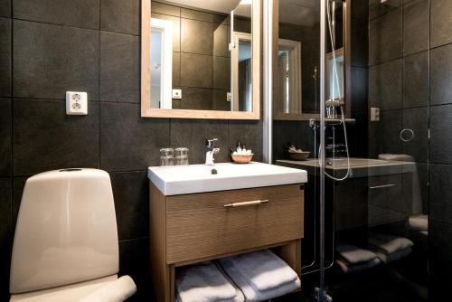 a bathroom with a sink and a toilet and a mirror at Hotell Granen in Åre