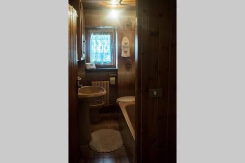 een badkamer met een wastafel, een bad en een toilet bij Chalet indipendente in centro a Valtournenche in Valtournenche