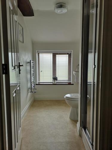 a bathroom with a toilet and a window at 2 Barge Cottage in Narborough