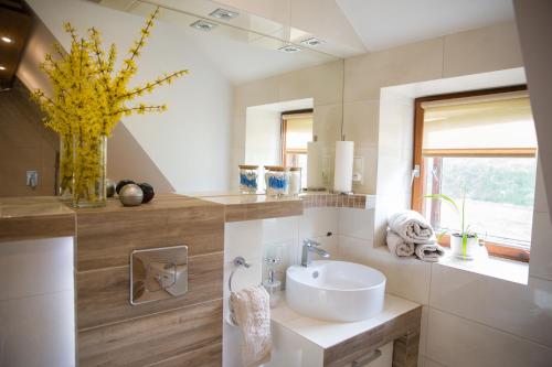 a bathroom with a white sink and a window at Śmietanówka Agroturystyka in Krzczonów