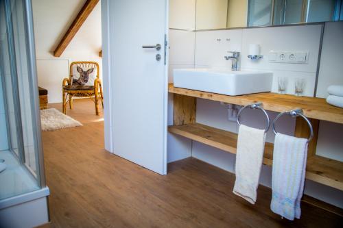 a bathroom with a sink and a mirror at Landhaus Alpenflora in Bolsterlang