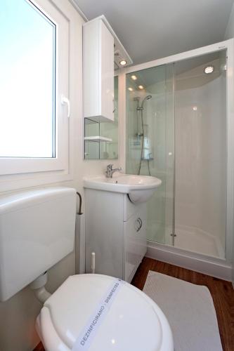 a bathroom with a toilet and a sink and a shower at Camping Ulika Mobile Homes - Naturist in Poreč
