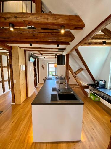 a kitchen with a white island in a room with wooden ceilings at Altstadt Apartments in Kirchheim unter Teck