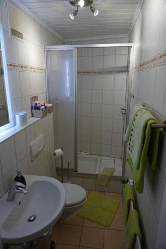 a bathroom with a sink and a shower and a toilet at Weingut Göbel-Schausten in Ernst