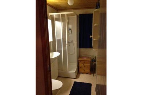 ein Bad mit einer Dusche, einem WC und einem Waschbecken in der Unterkunft By the Baltic sea, 2 bedrooms in Karlskrona