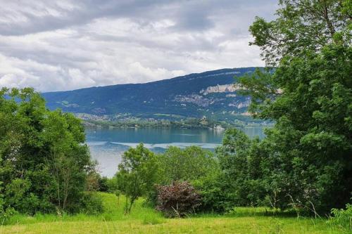 a view of a lake from a field with trees at La Curtillette in Saint-Pierre-de-Curtille